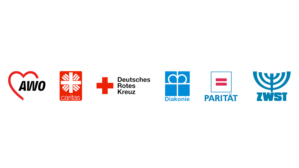 Logos der Liga der Spitzenverbände der freien Wohlfahrtspflege in Mecklenburg-Vorpommern e. V. (AWO, Caritas, Deutsches Rotes Kreuz, Diakonie, Parität, ZWST)