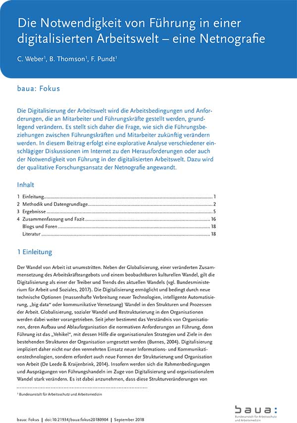 Titel der Publikation "Die Notwendigkeit von Führung in einer digitalisierten Arbeitswelt – eine Netnografie".